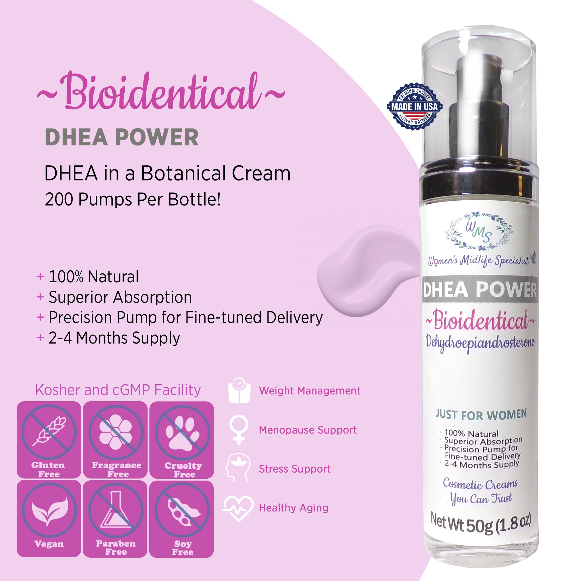 DHEA POWER DHEA USP in an All Natural Cream 200 Pumps Per Bottle! Women's Midlife Specialist